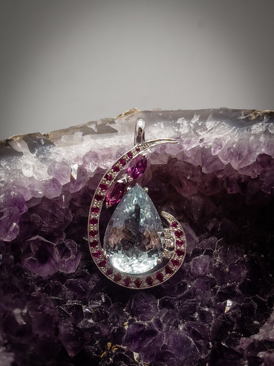 Pendant In 18 Carat White Gold Set With An Aquamarine, Ruby And Diamond-photo-2