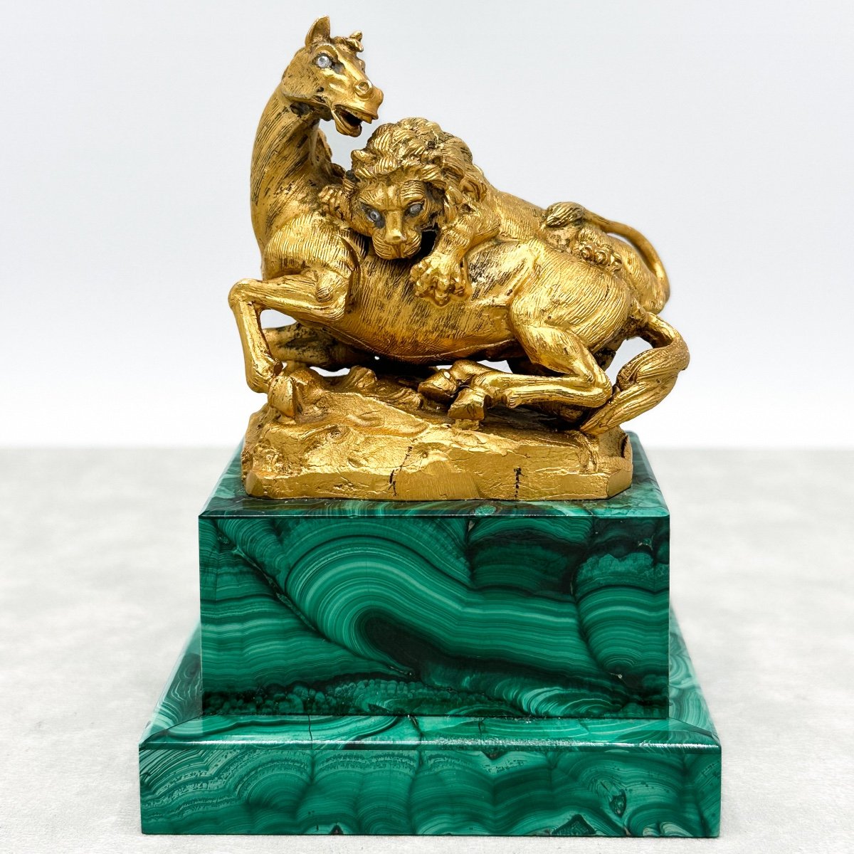 Sculpture En Vermeil (argent 800/1000)  Yeux Sertis De Diamants Socle Malachite 