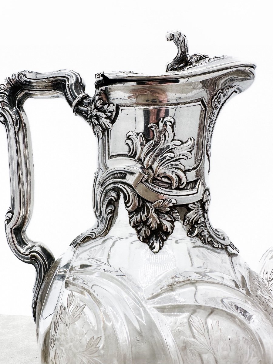 Emile Puiforcat, Pair Of Carafes In Cut And Engraved Crystal Mounts In Sterling Silver-photo-2