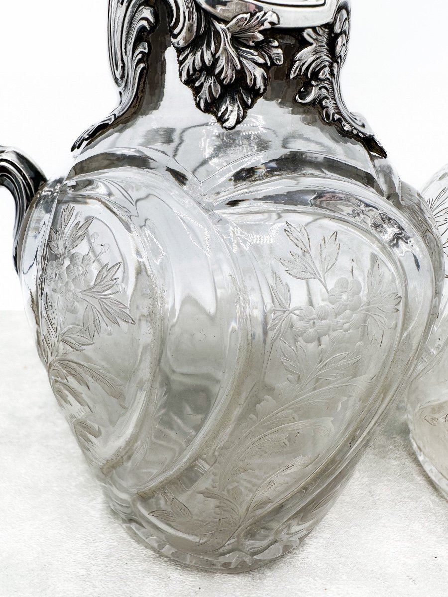 Emile Puiforcat, Pair Of Carafes In Cut And Engraved Crystal Mounts In Sterling Silver-photo-3