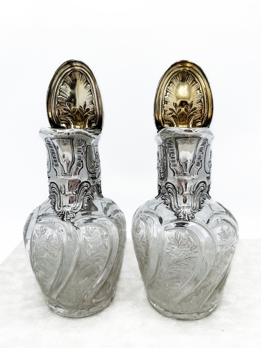 Emile Puiforcat, Pair Of Carafes In Cut And Engraved Crystal Mounts In Sterling Silver-photo-4