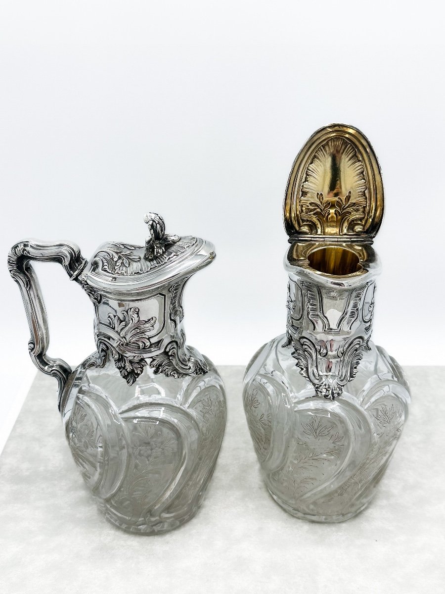 Emile Puiforcat, Pair Of Carafes In Cut And Engraved Crystal Mounts In Sterling Silver-photo-1