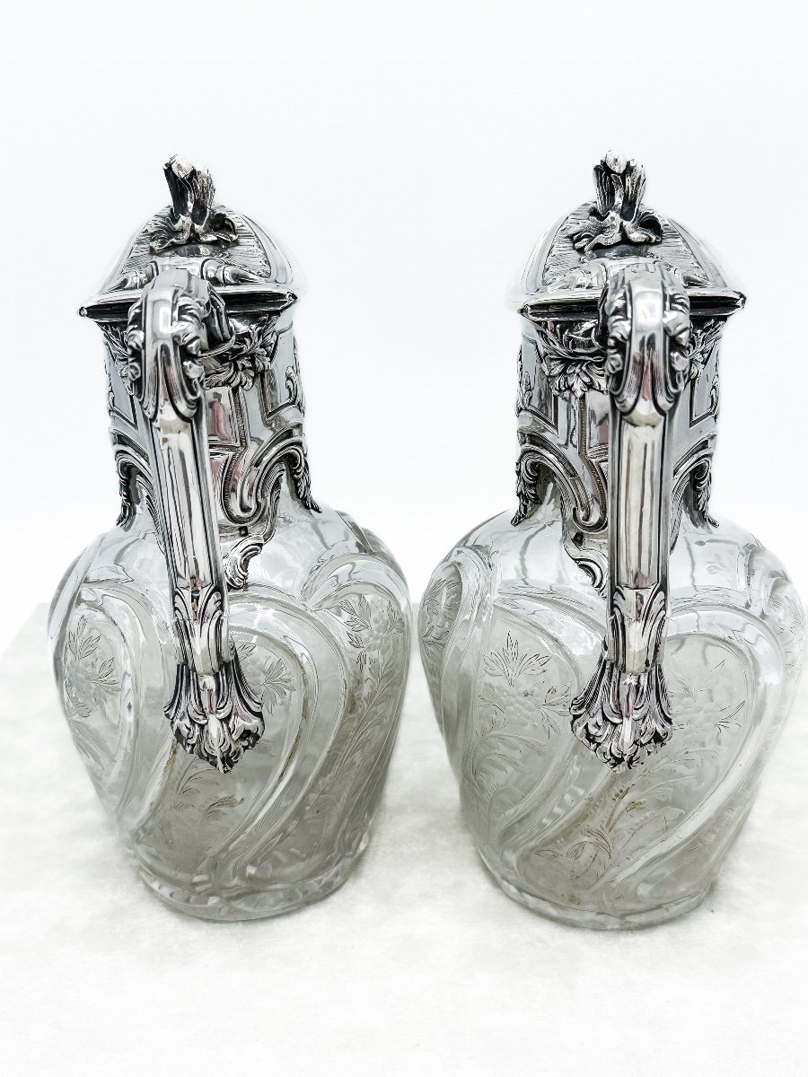 Emile Puiforcat, Pair Of Carafes In Cut And Engraved Crystal Mounts In Sterling Silver-photo-2