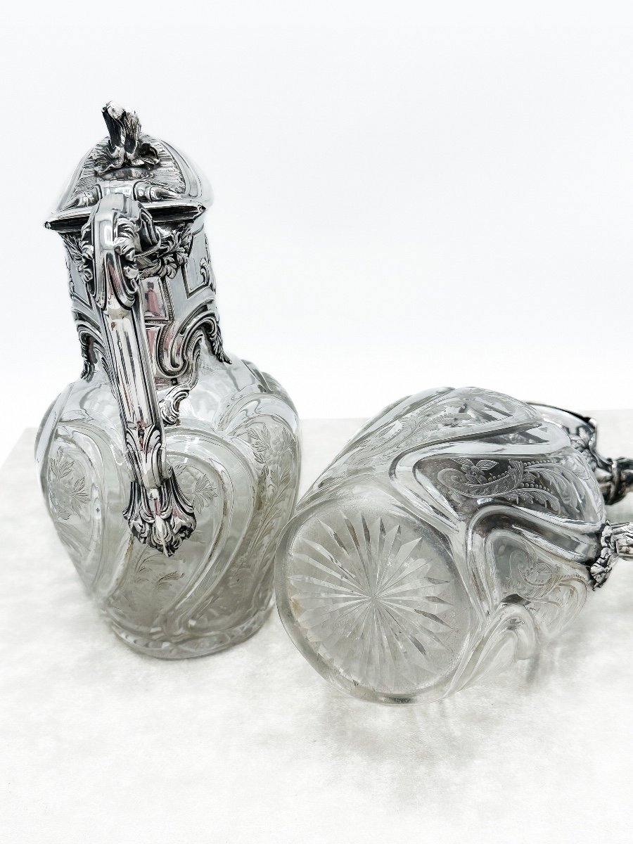 Emile Puiforcat, Pair Of Carafes In Cut And Engraved Crystal Mounts In Sterling Silver-photo-3