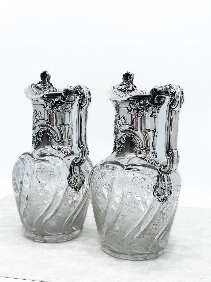 Emile Puiforcat, Pair Of Carafes In Cut And Engraved Crystal Mounts In Sterling Silver-photo-5