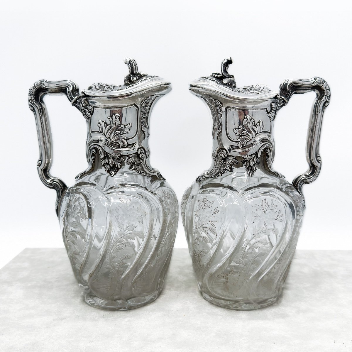 Emile Puiforcat, Pair Of Carafes In Cut And Engraved Crystal Mounts In Sterling Silver