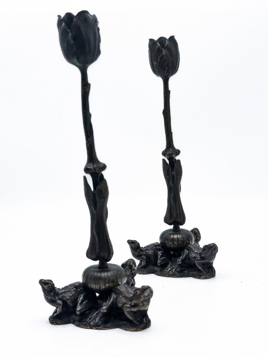 Pair Of Art-nouveau Candlesticks In Bronze-photo-3