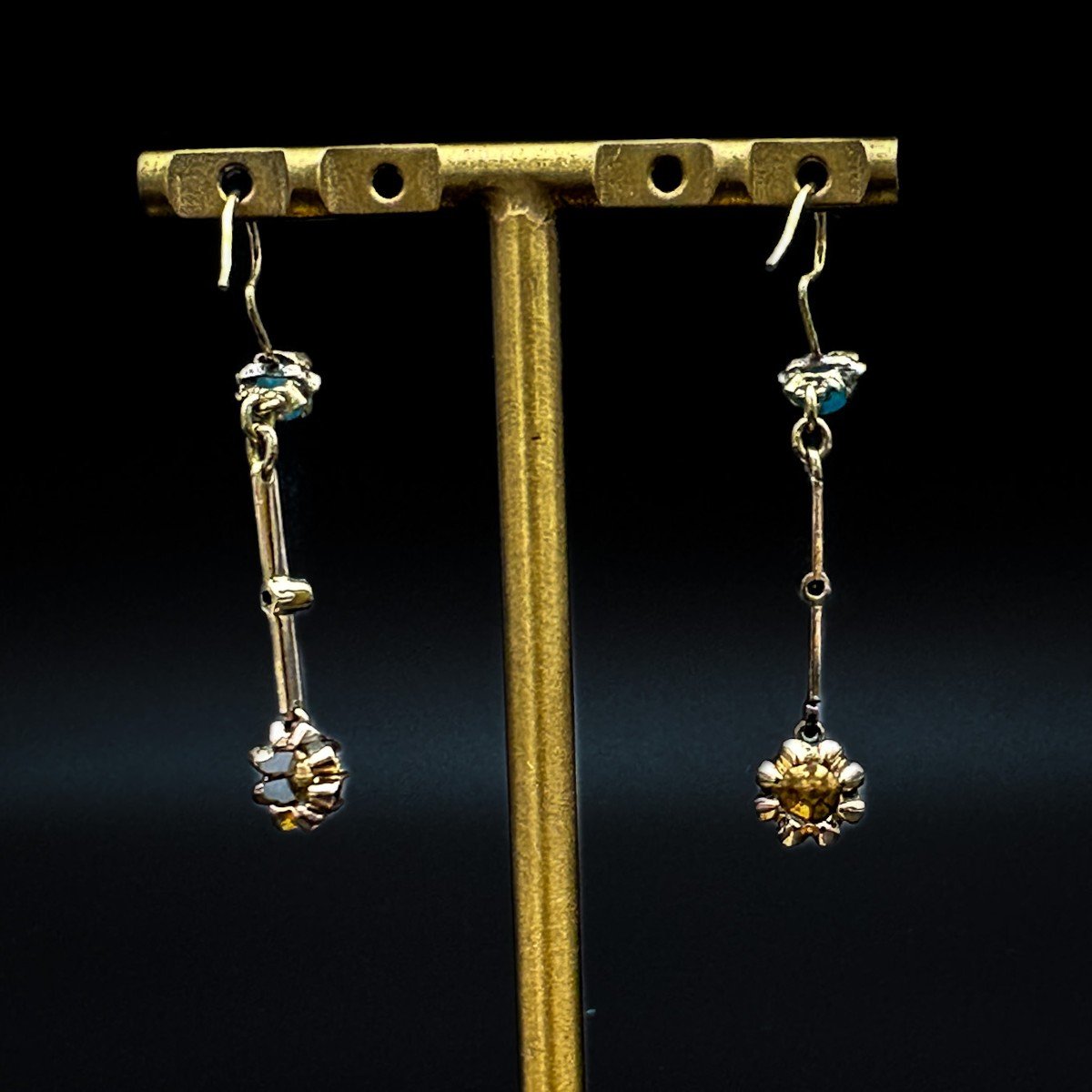 Napoleon III Pendant Earrings In 18k Yellow Gold, Diamonds And Turquoise-photo-4