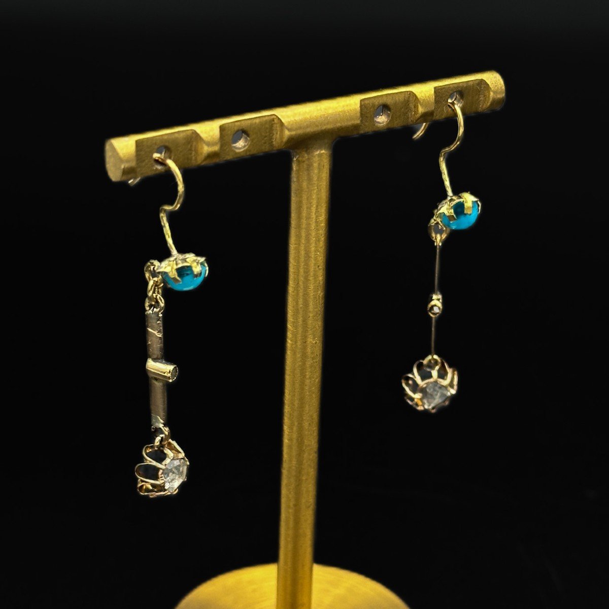 Napoleon III Pendant Earrings In 18k Yellow Gold, Diamonds And Turquoise-photo-1