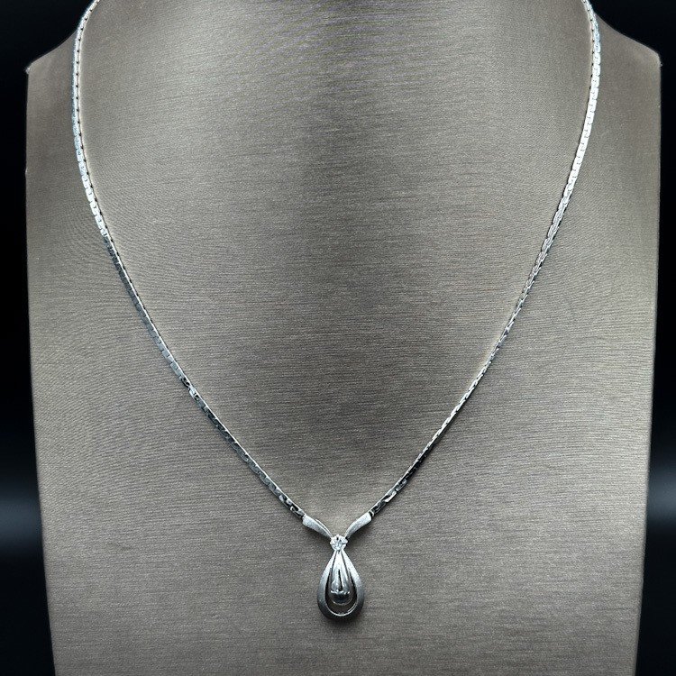 Collier En Or Blanc 18 K Sertie De 1 Petit Diamant -photo-2