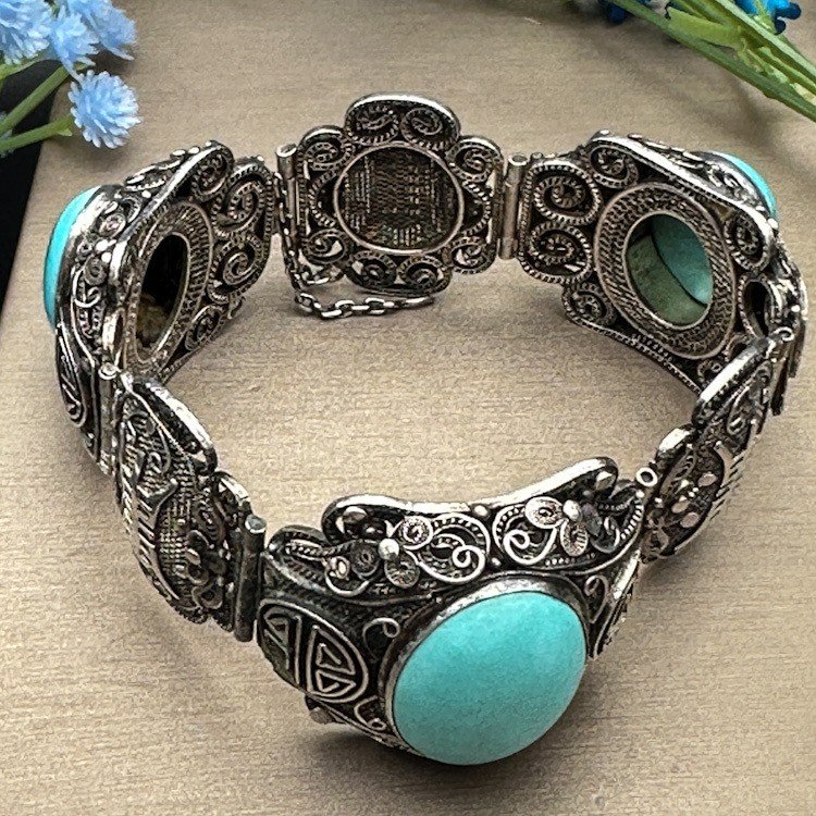 Bracelet Chinois En Argent Et Turquoise-photo-3