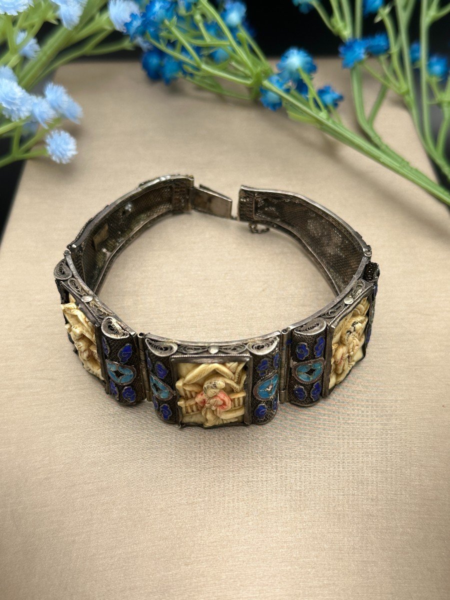 Chinese Bracelet In Silver, Enamel And Ivory-photo-2