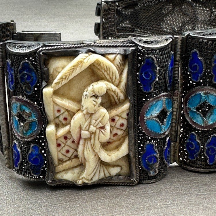 Chinese Bracelet In Silver, Enamel And Ivory-photo-4