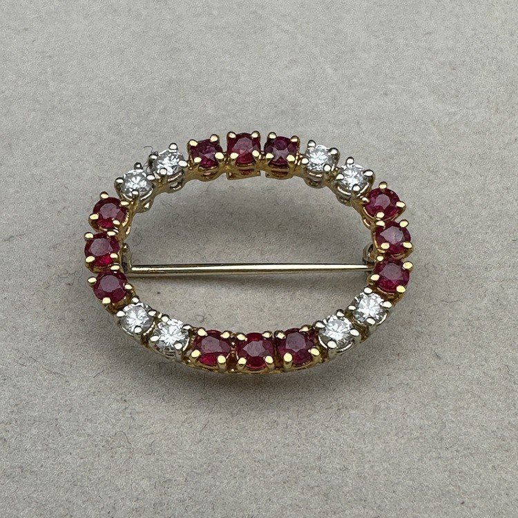 Oval Brooch Set With Rubies And Diamonds