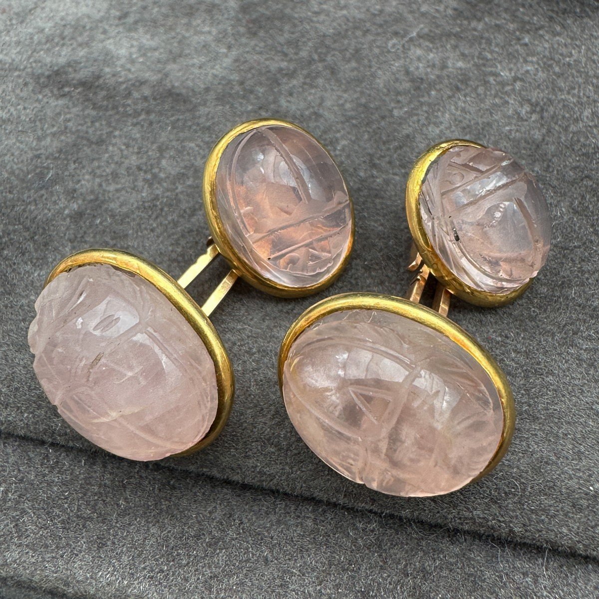 Boutons De Manchettes Cabochon Quartz Rose Scarabé-photo-2