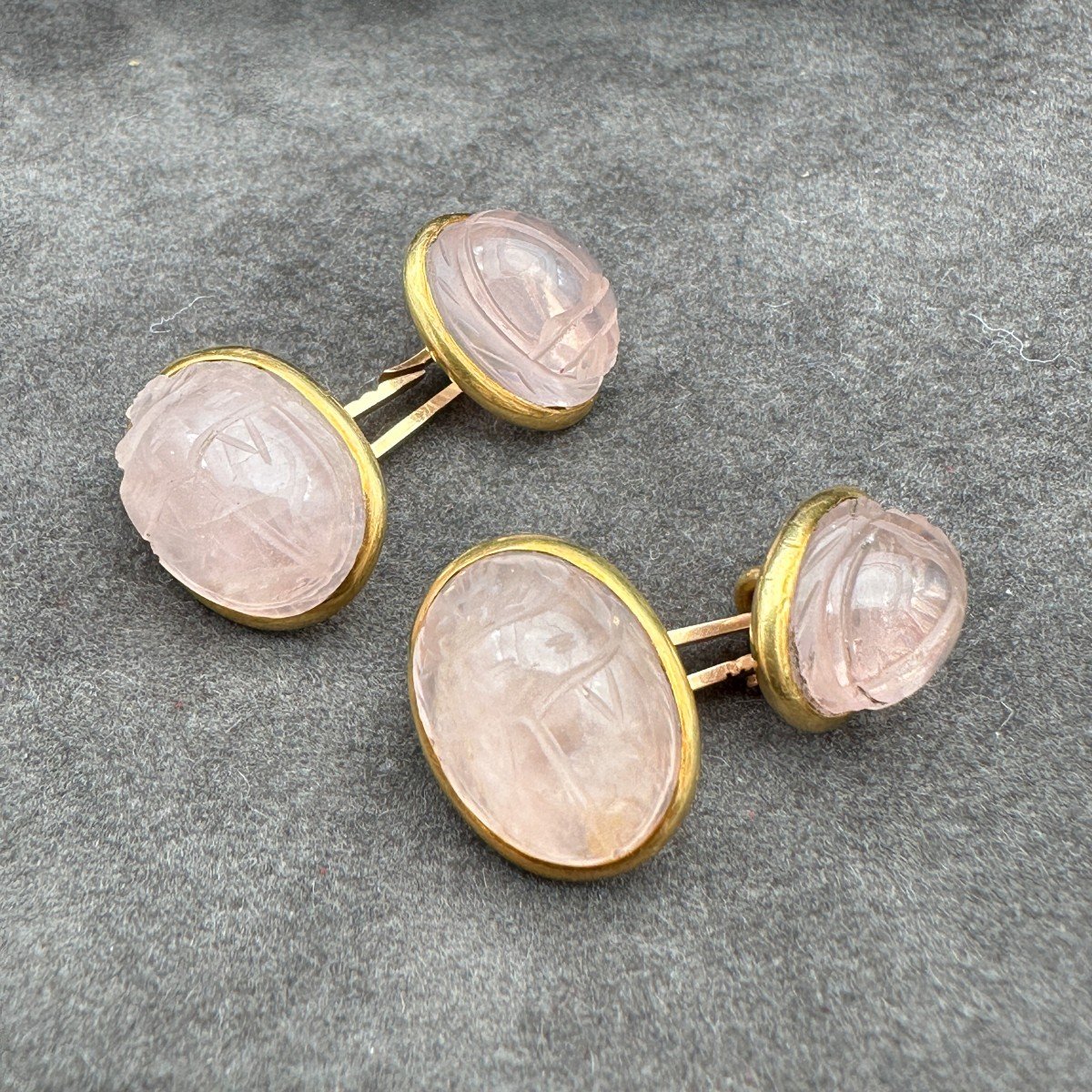 Boutons De Manchettes Cabochon Quartz Rose Scarabé