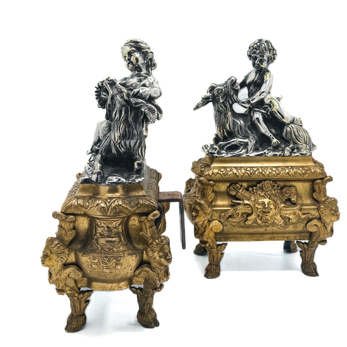 Pair Of Napoleon III Period Andirons Silver Bronze And Gilt Bronze. -photo-4