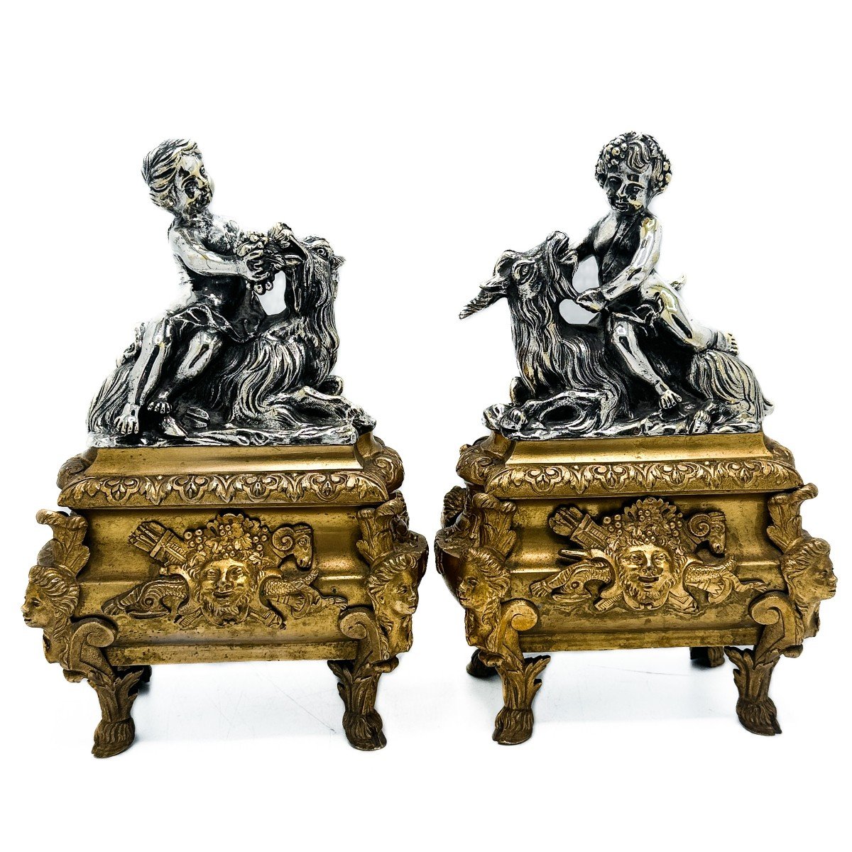 Pair Of Napoleon III Period Andirons Silver Bronze And Gilt Bronze. 