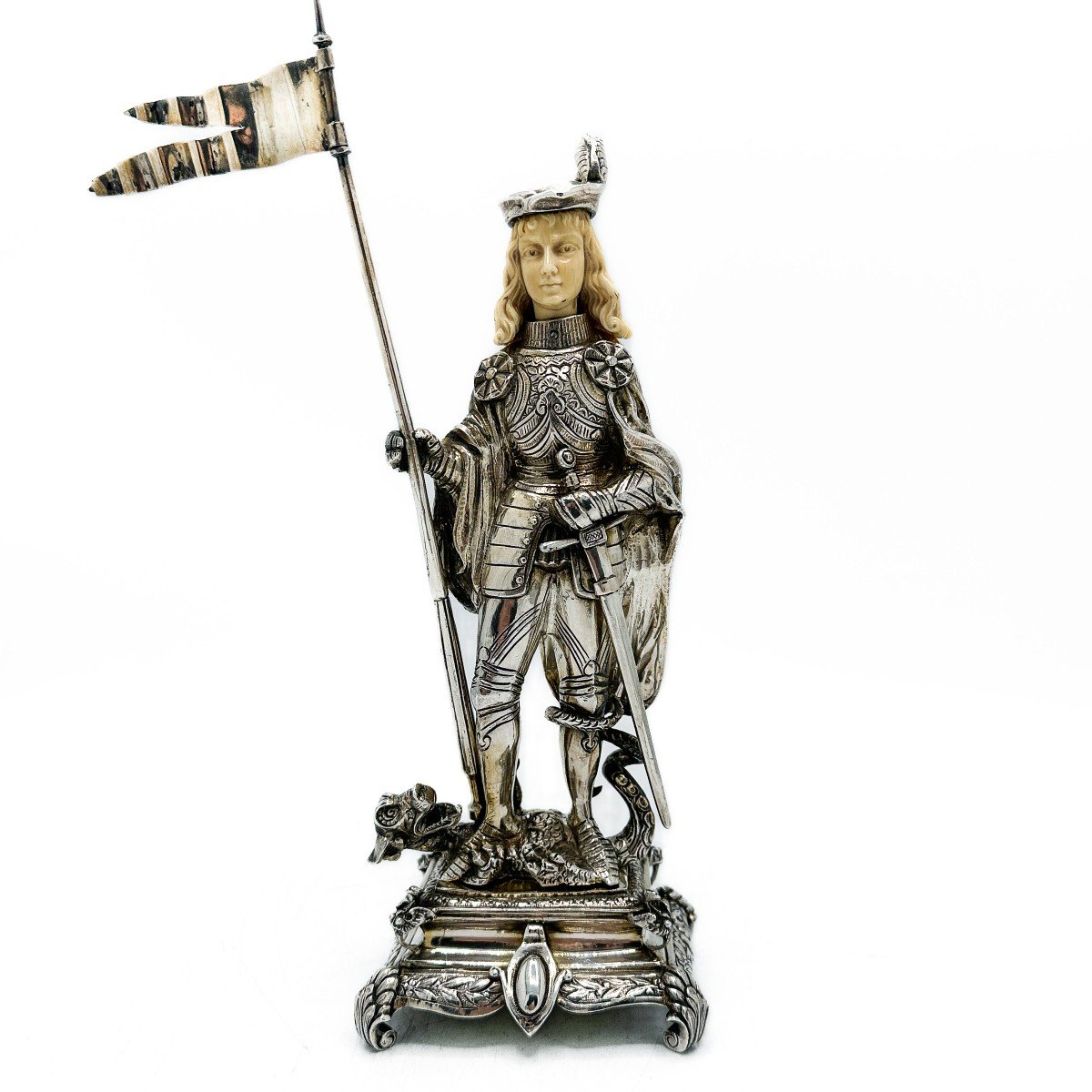 Saint-georges  Sculpture Chryselephantine Argent Massif Travail 