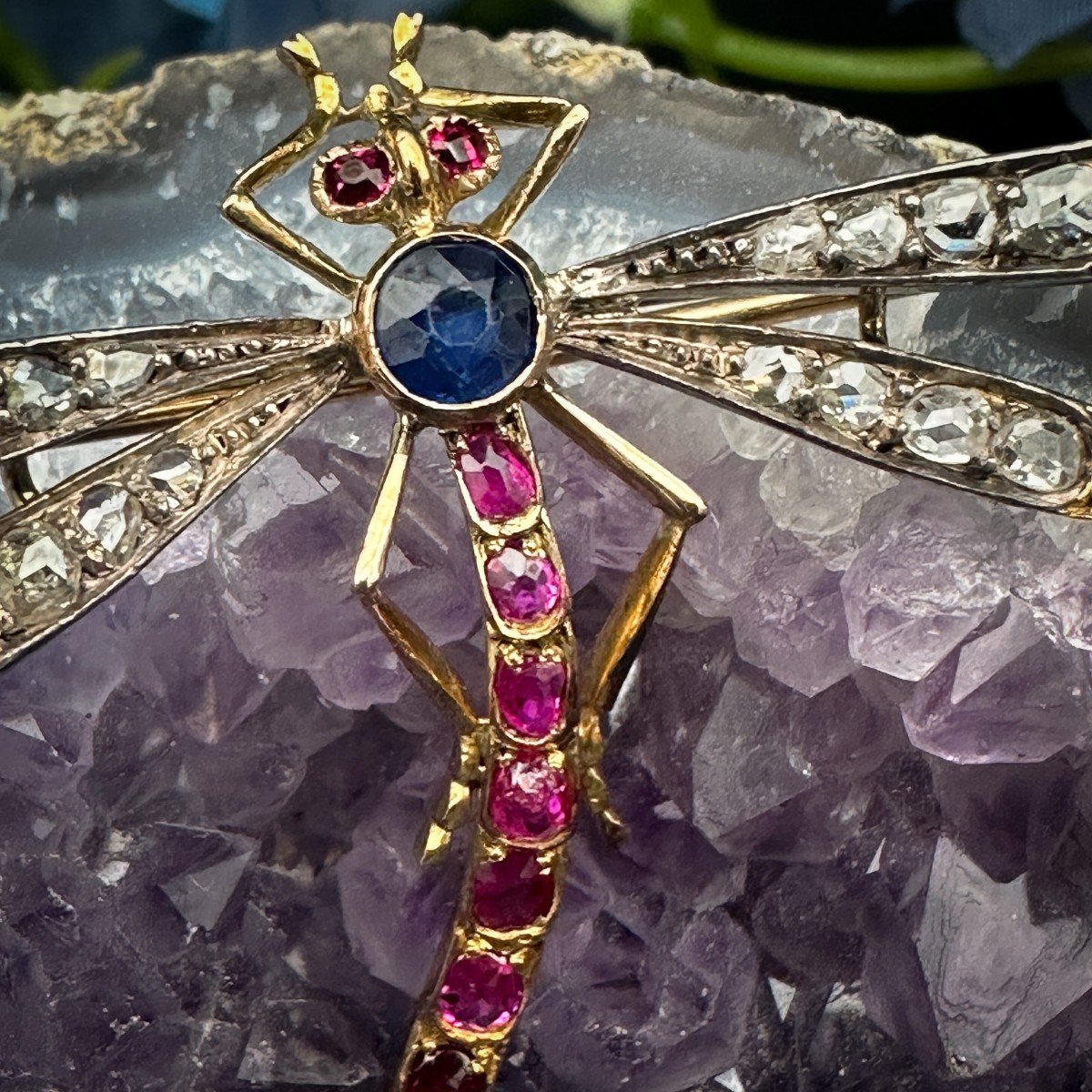 Belle Epoque Gold And Silver Dragonfly Brooch, Set With Rose Cut Diamonds, Sapphires And Rubies-photo-2