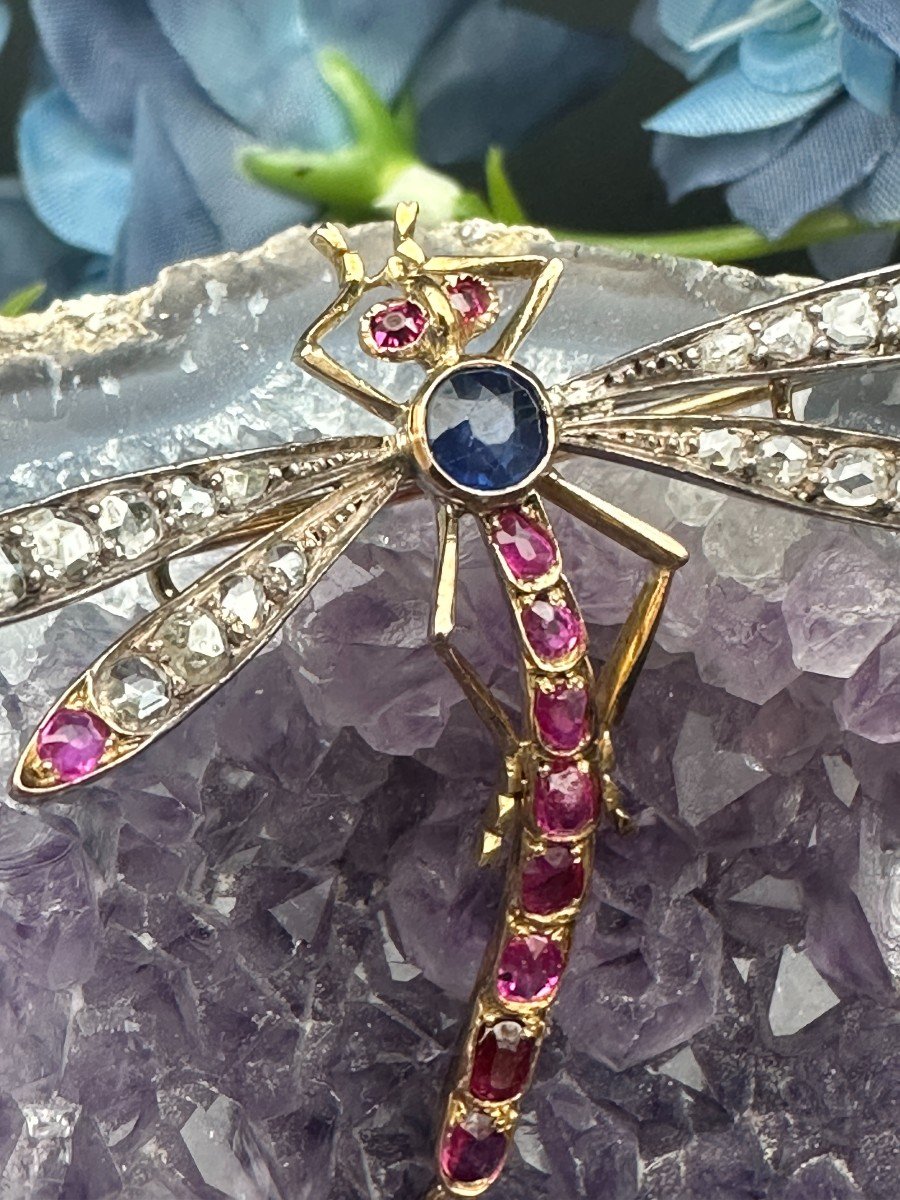 Belle Epoque Gold And Silver Dragonfly Brooch, Set With Rose Cut Diamonds, Sapphires And Rubies-photo-3