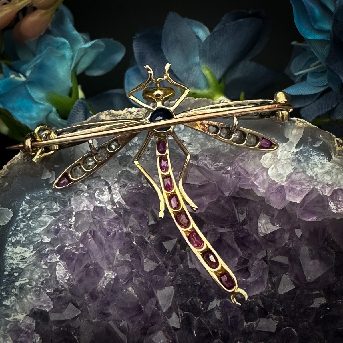 Belle Epoque Gold And Silver Dragonfly Brooch, Set With Rose Cut Diamonds, Sapphires And Rubies-photo-1