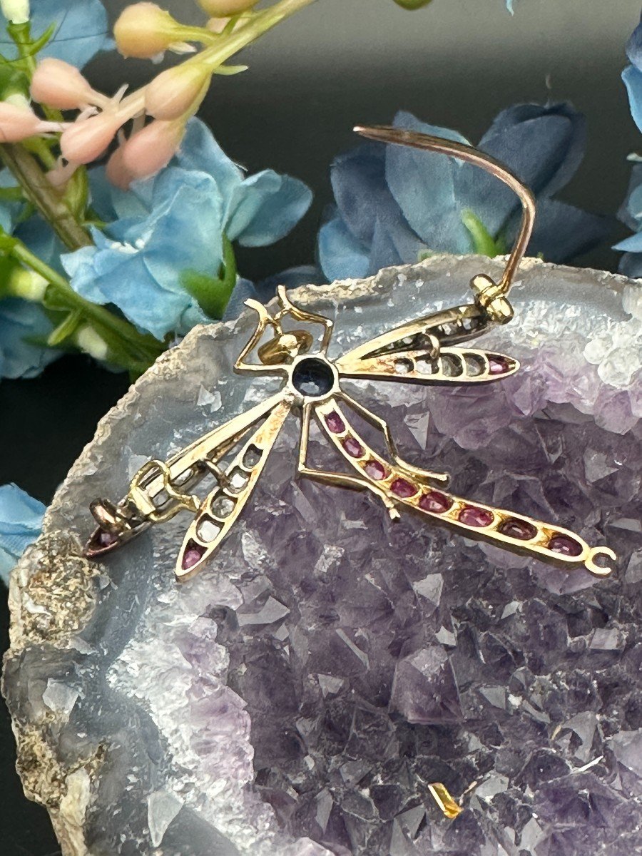 Belle Epoque Gold And Silver Dragonfly Brooch, Set With Rose Cut Diamonds, Sapphires And Rubies-photo-2