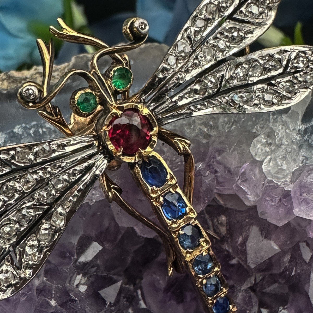 Belle Epoque Gold Dragonfly Brooch, Set With Rose-cut Diamonds, Sapphires And Rubies-photo-2