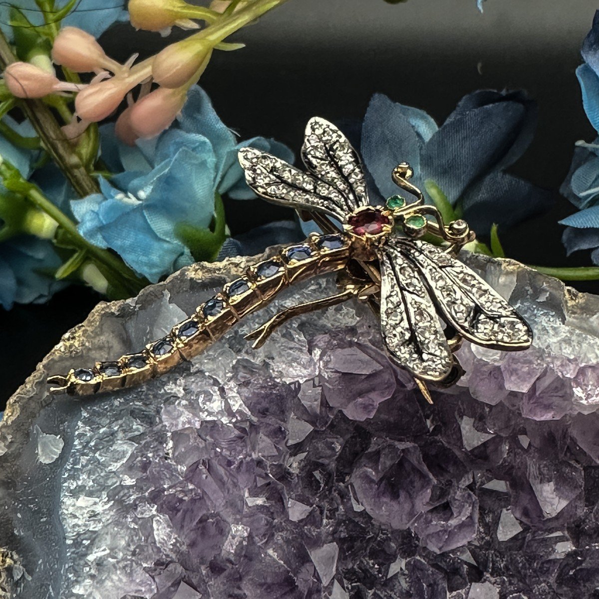 Belle Epoque Gold Dragonfly Brooch, Set With Rose-cut Diamonds, Sapphires And Rubies-photo-3