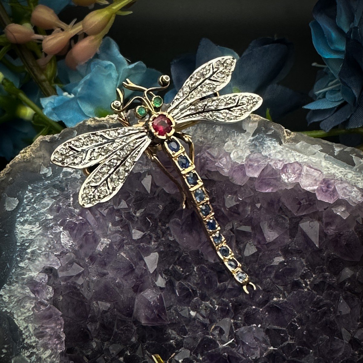 Belle Epoque Gold Dragonfly Brooch, Set With Rose-cut Diamonds, Sapphires And Rubies