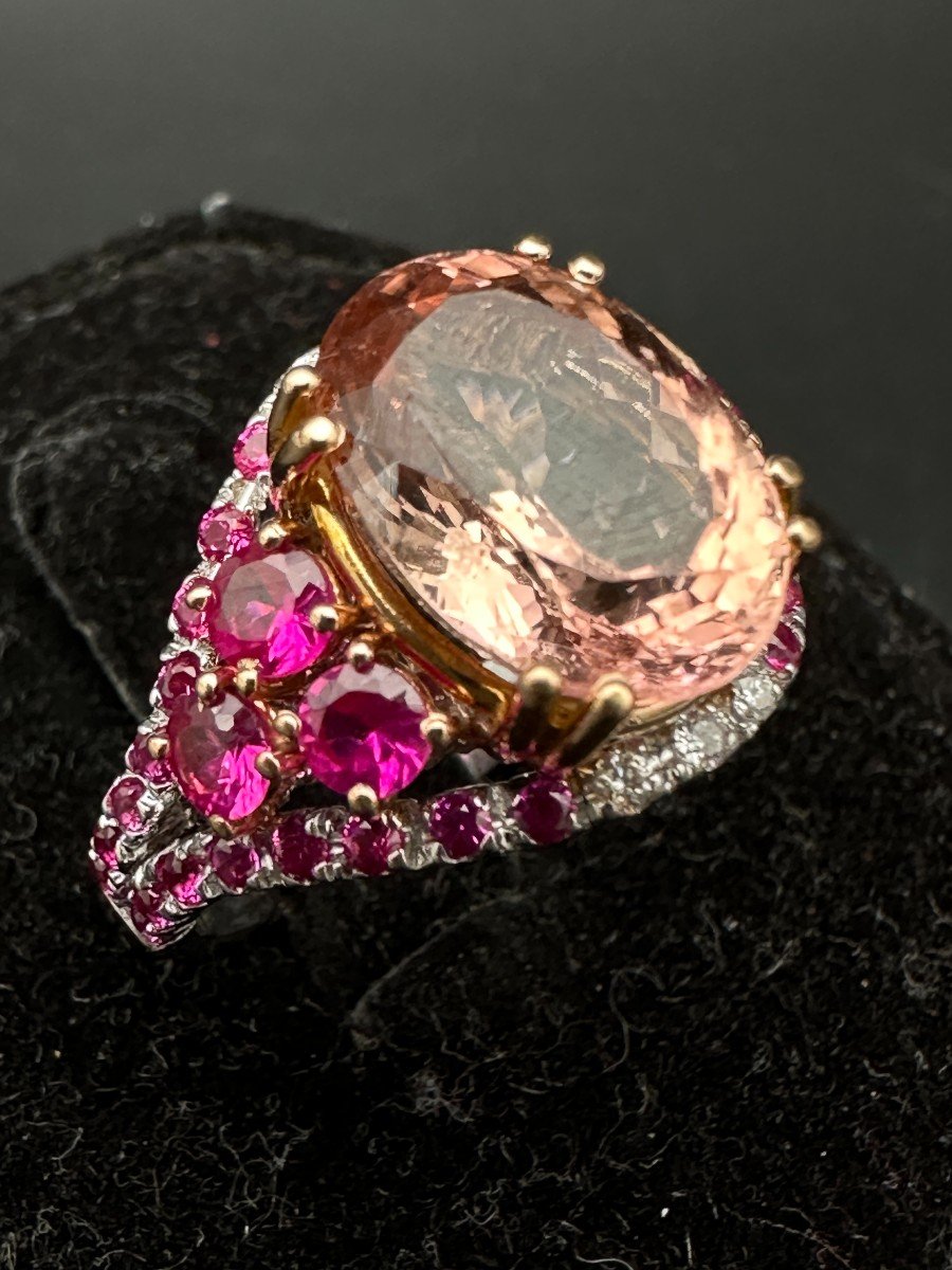 Morganite Cocktail Ring Paved With Ruby And Diamonds-photo-2