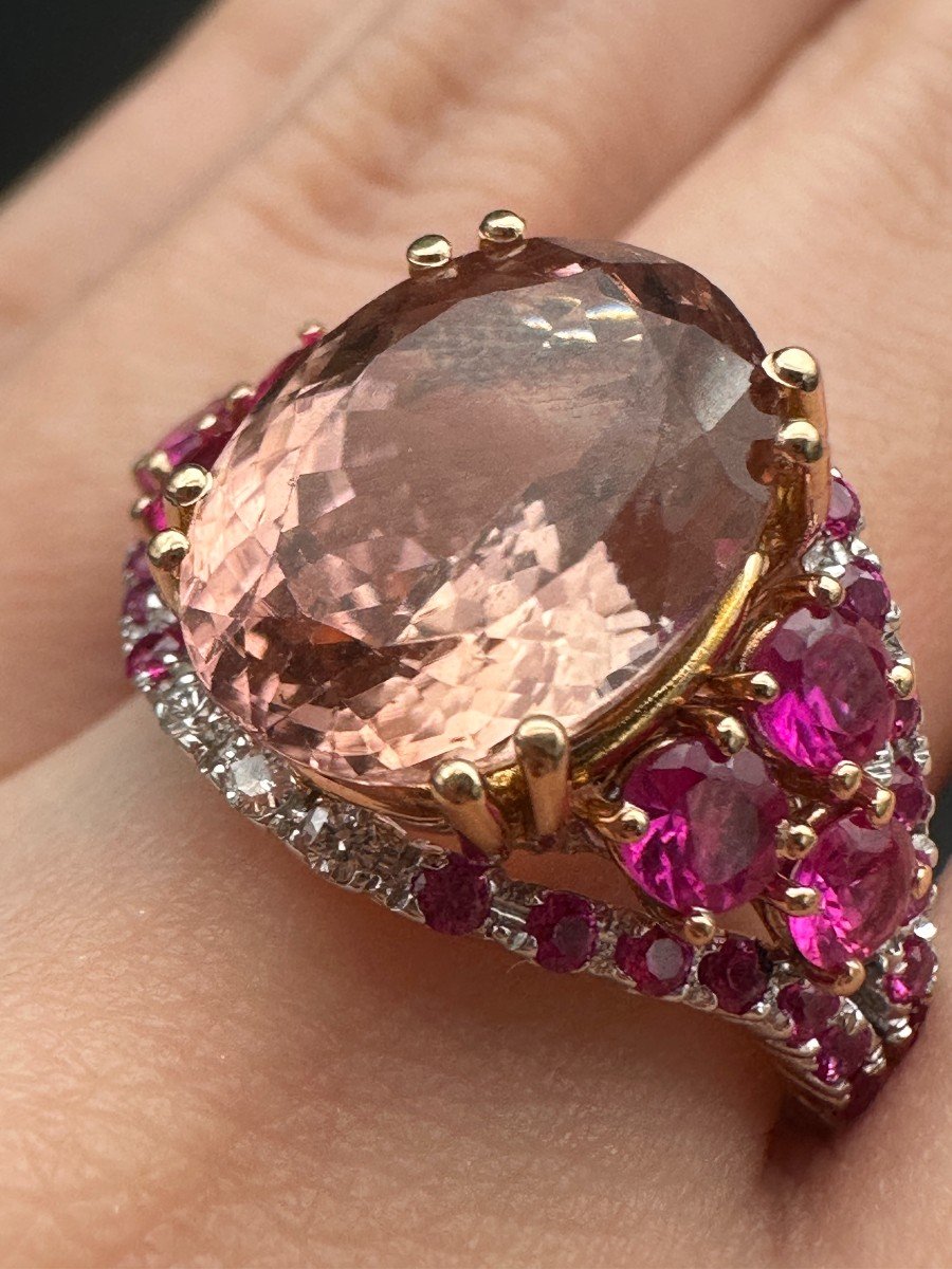 Morganite Cocktail Ring Paved With Ruby And Diamonds-photo-6