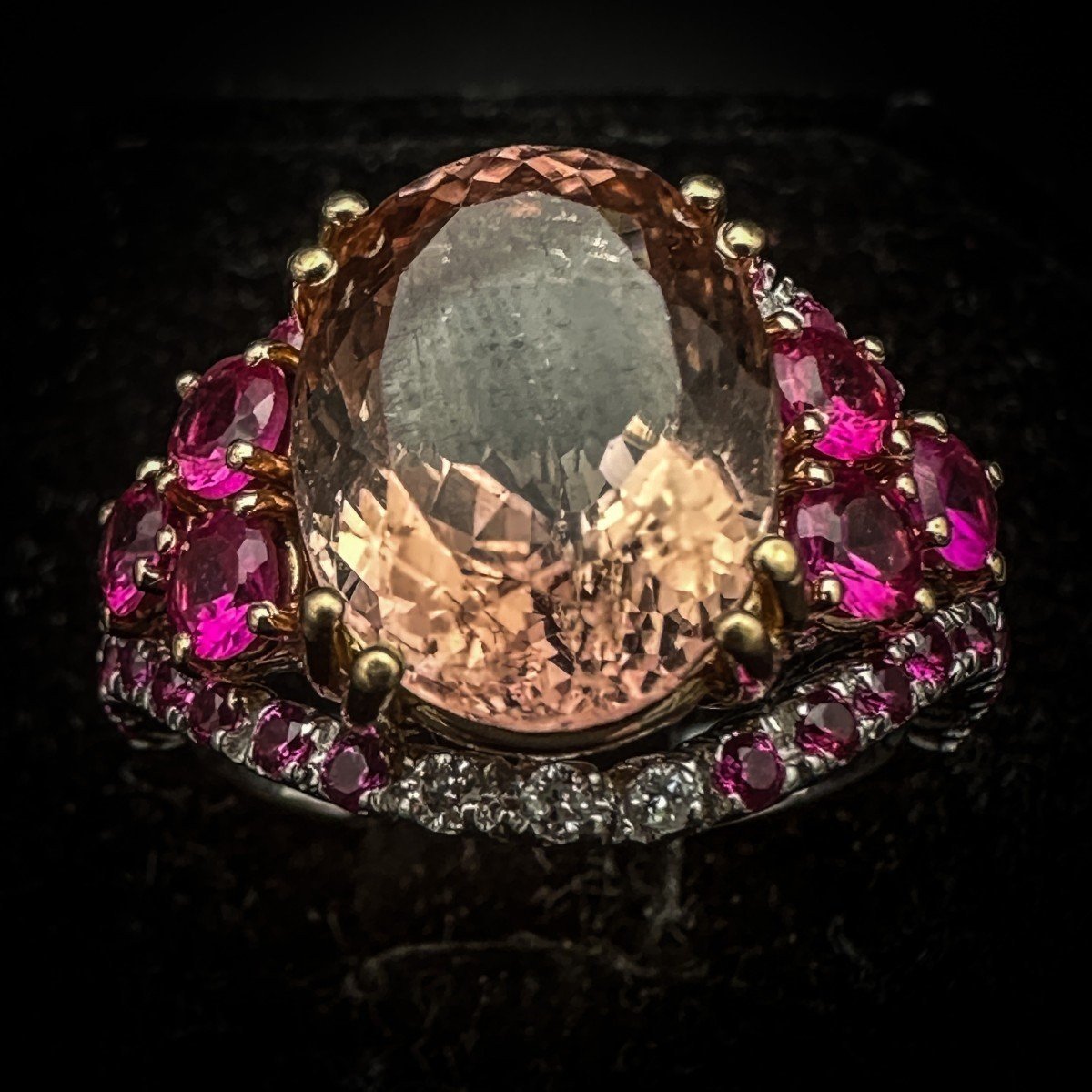 Morganite Cocktail Ring Paved With Ruby And Diamonds-photo-4