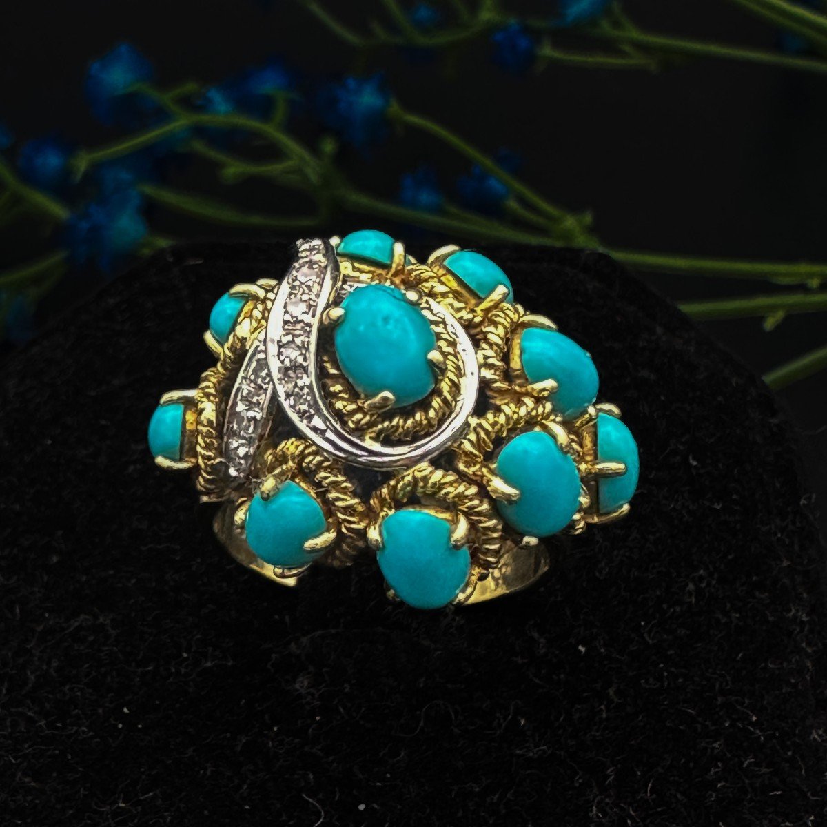 18 K Gold Ring Turquoises And Diamonds 1950s -photo-2