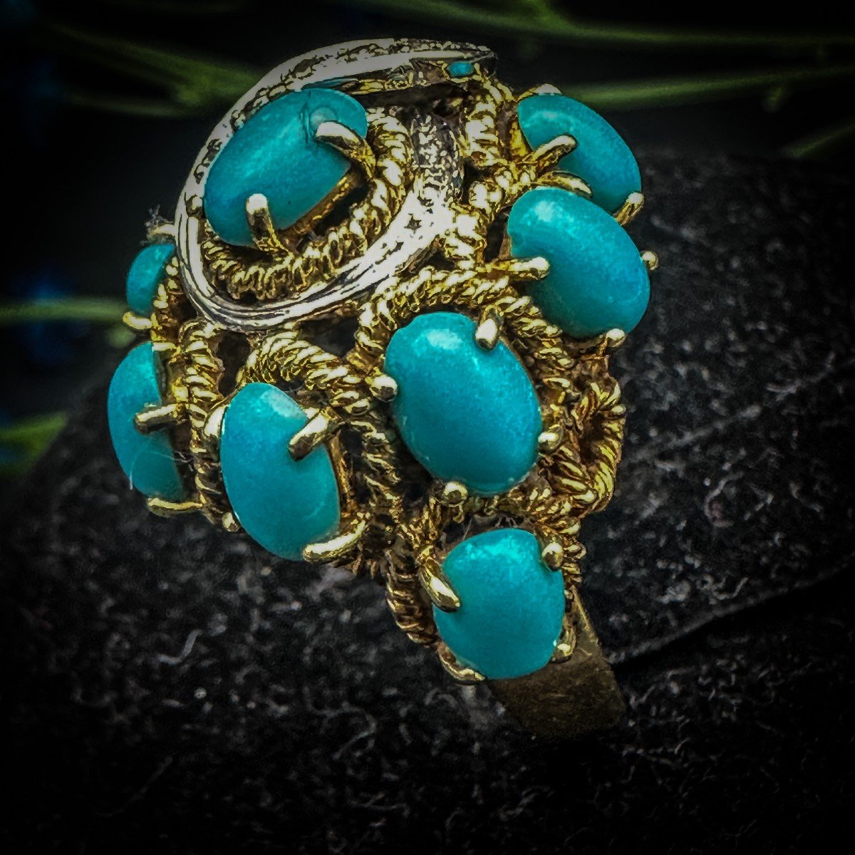 18 K Gold Ring Turquoises And Diamonds 1950s -photo-4