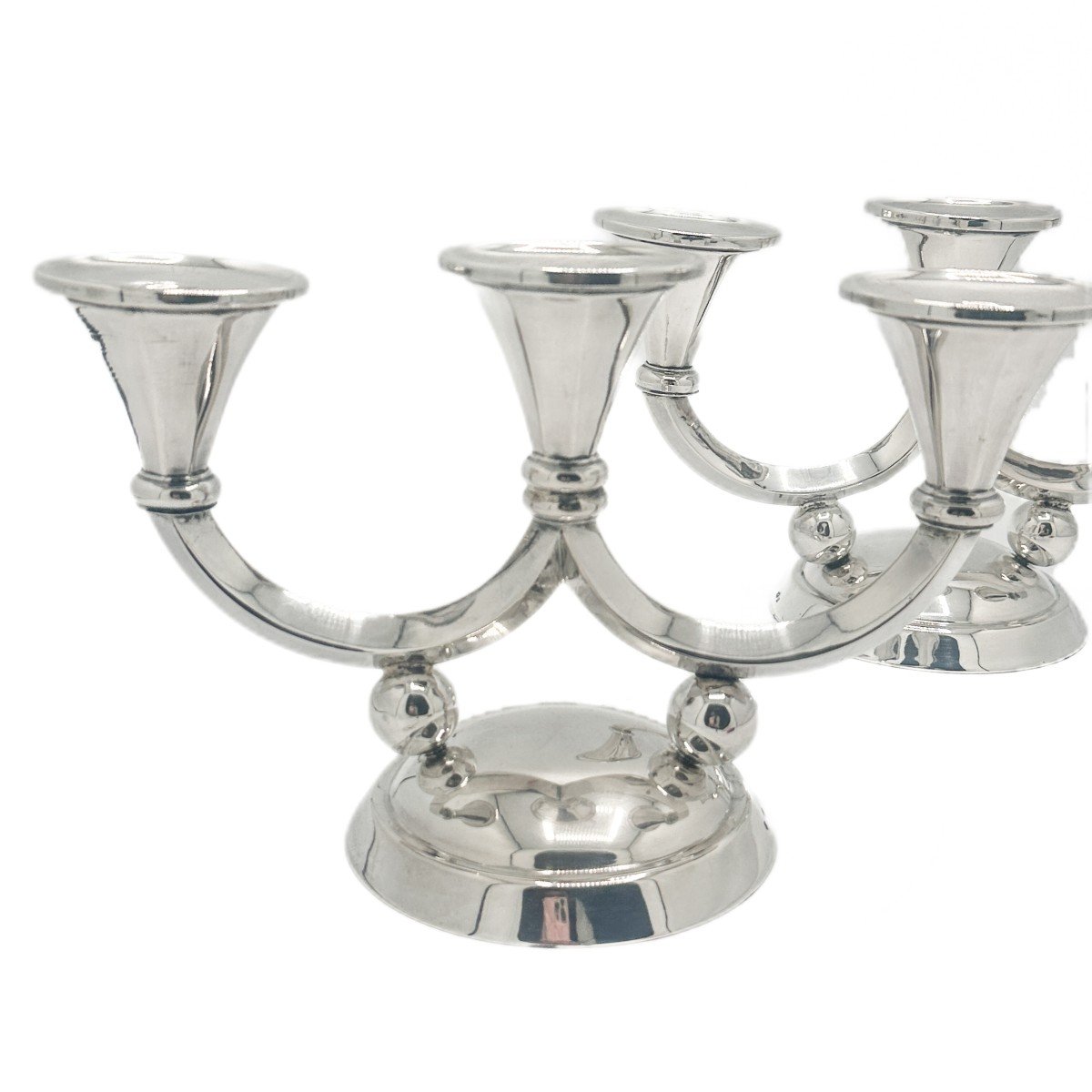 Pair Of Art-deco Candelabra, With Three Lights In 800/1000 Silver Belgian Work Circa 1940-photo-2