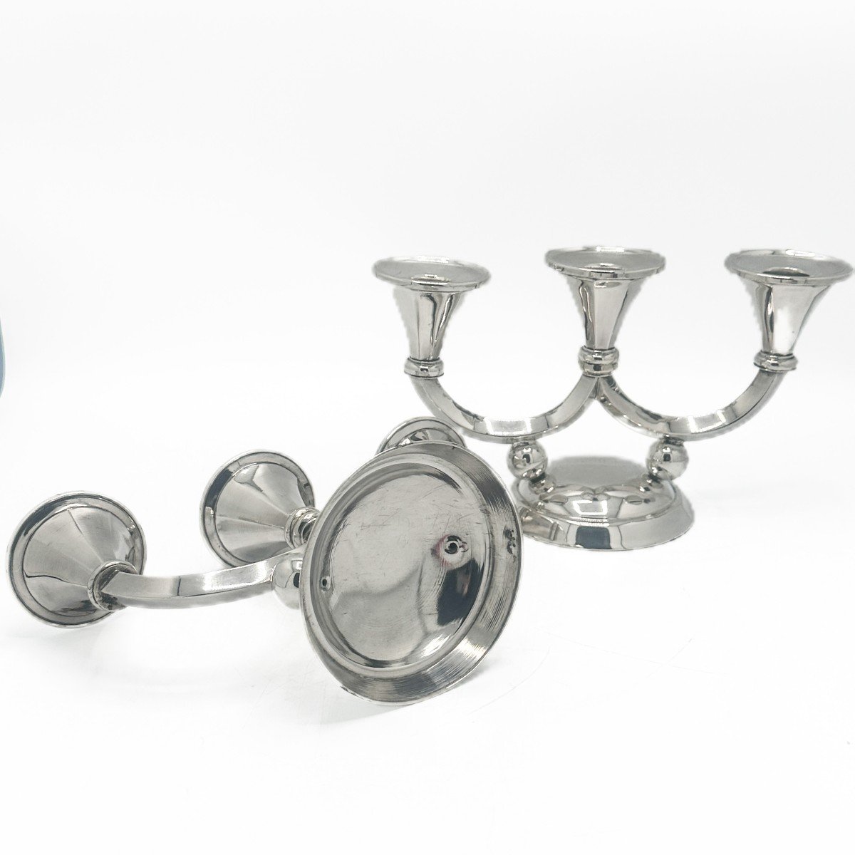 Pair Of Art-deco Candelabra, With Three Lights In 800/1000 Silver Belgian Work Circa 1940-photo-2