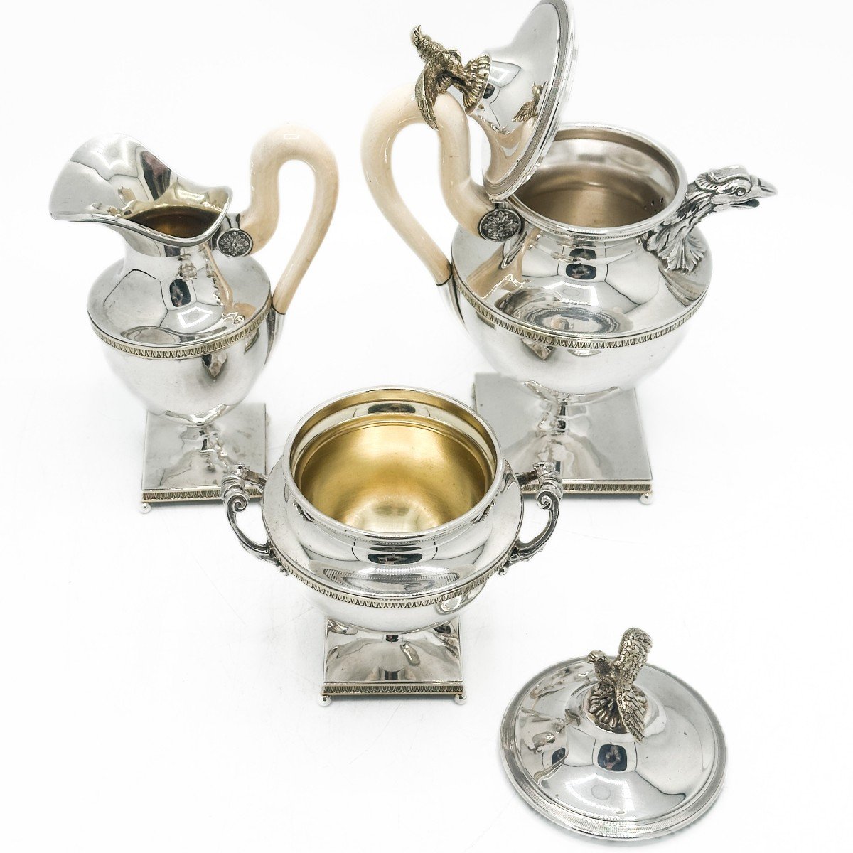 Empire Style Solid Silver Tea Set By The Goldsmith Delheid In Brussels Circa 1950-photo-1