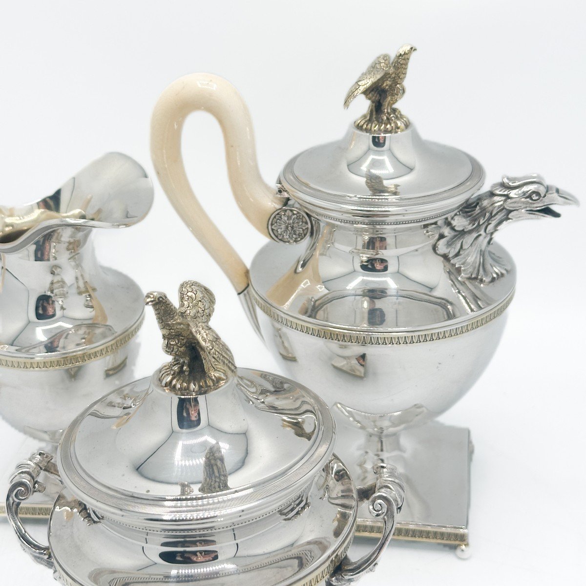 Empire Style Solid Silver Tea Set By The Goldsmith Delheid In Brussels Circa 1950-photo-4