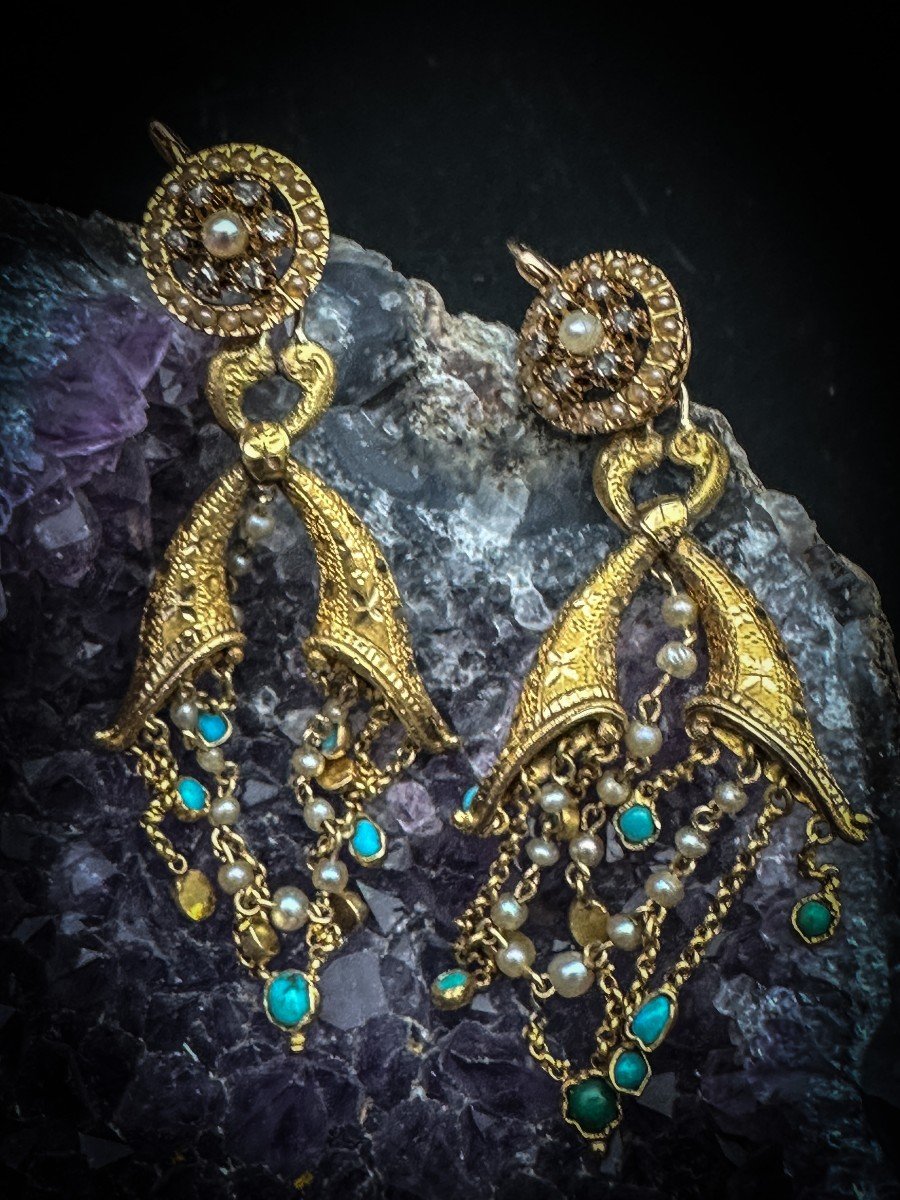 Paire De Boucles D’oreilles époque Napoléon Ill “aux Cornes D’abondances “-photo-2