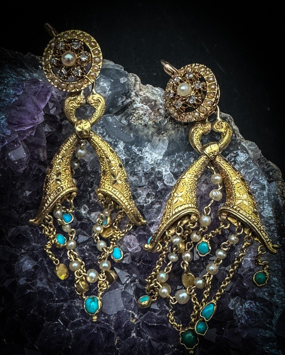 Paire De Boucles D’oreilles époque Napoléon Ill “aux Cornes D’abondances “