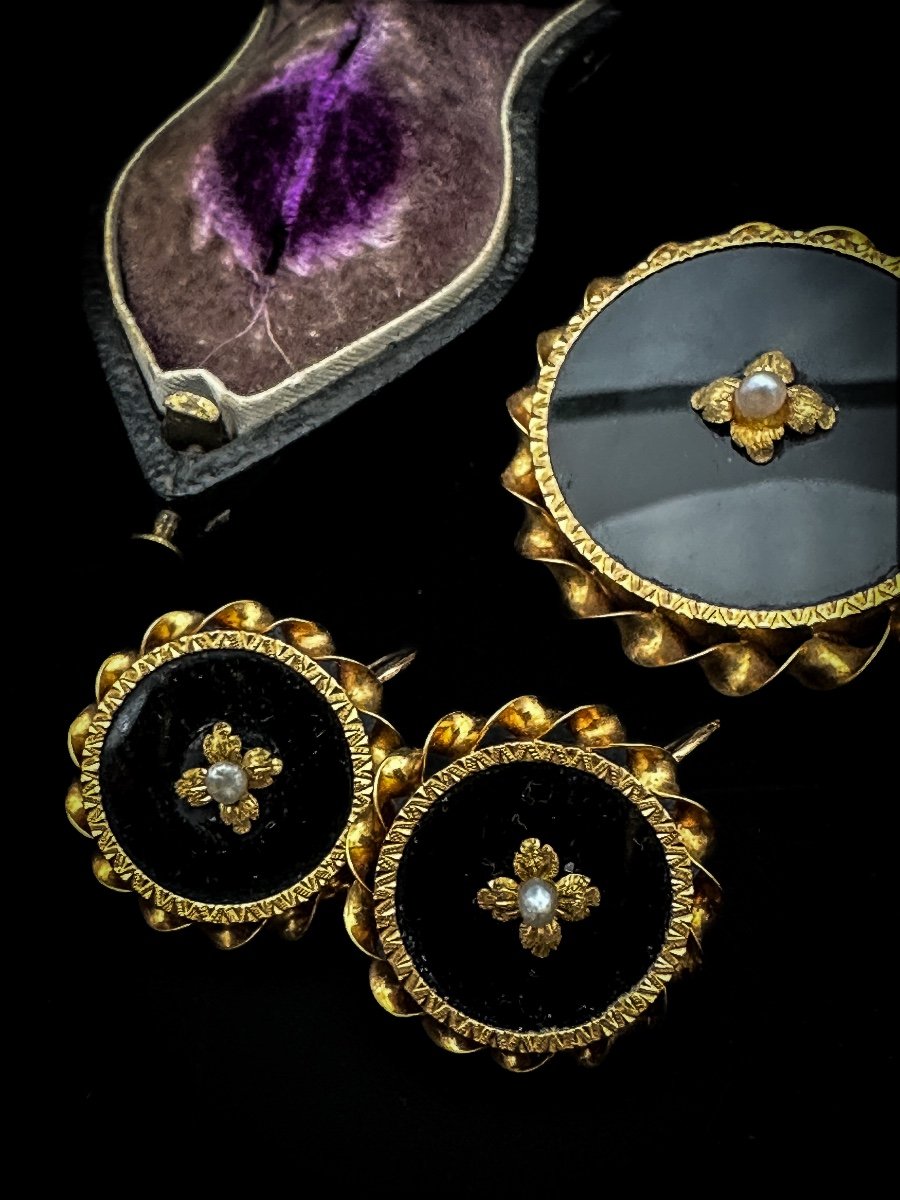 Demi-parure Napoléon III En Or 18 Carats, Onyx Et Perles – écrin D’origine  -photo-2