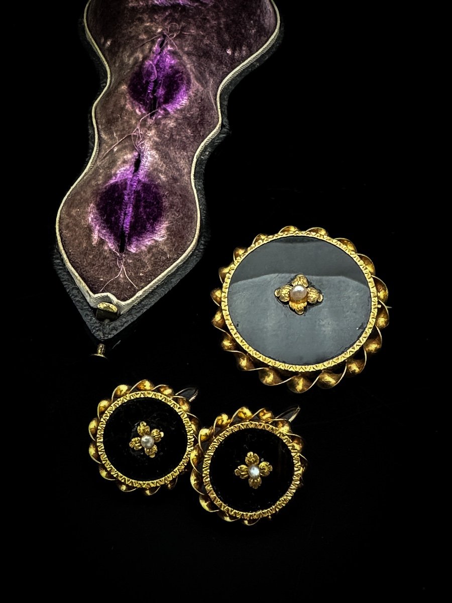 Demi-parure Napoléon III En Or 18 Carats, Onyx Et Perles – écrin D’origine  -photo-3