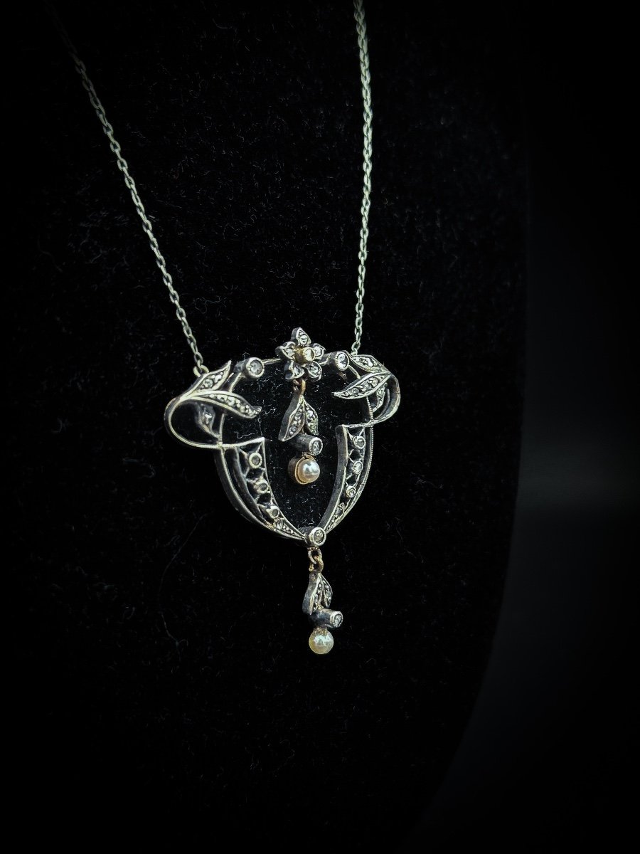 Collier En Argent Et Or, Serti De Diamants Taille Rose, époque Art Nouveau  Superbe Collier D’é-photo-4