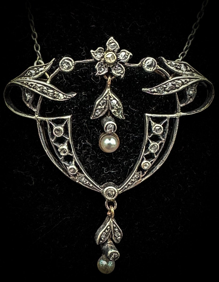 Collier En Argent Et Or, Serti De Diamants Taille Rose, époque Art Nouveau  Superbe Collier D’é-photo-2