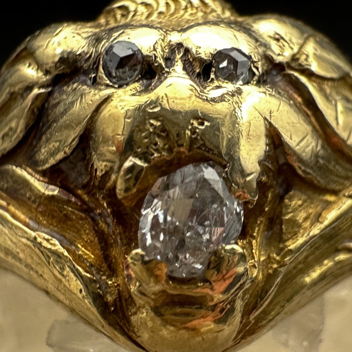 Art Nouveau Lion Head Ring In 18k Gold, Diamonds  -photo-2