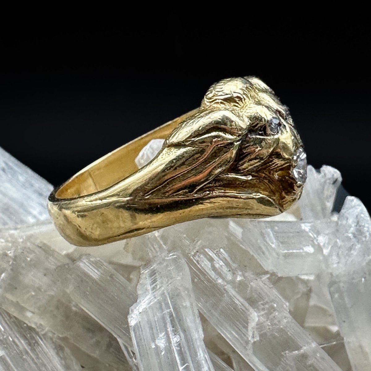 Art Nouveau Lion Head Ring In 18k Gold, Diamonds  -photo-3