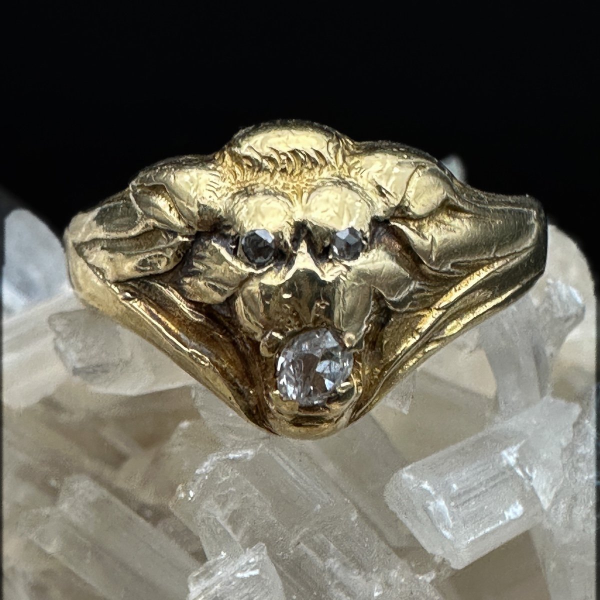 Art Nouveau Lion Head Ring In 18k Gold, Diamonds  -photo-4