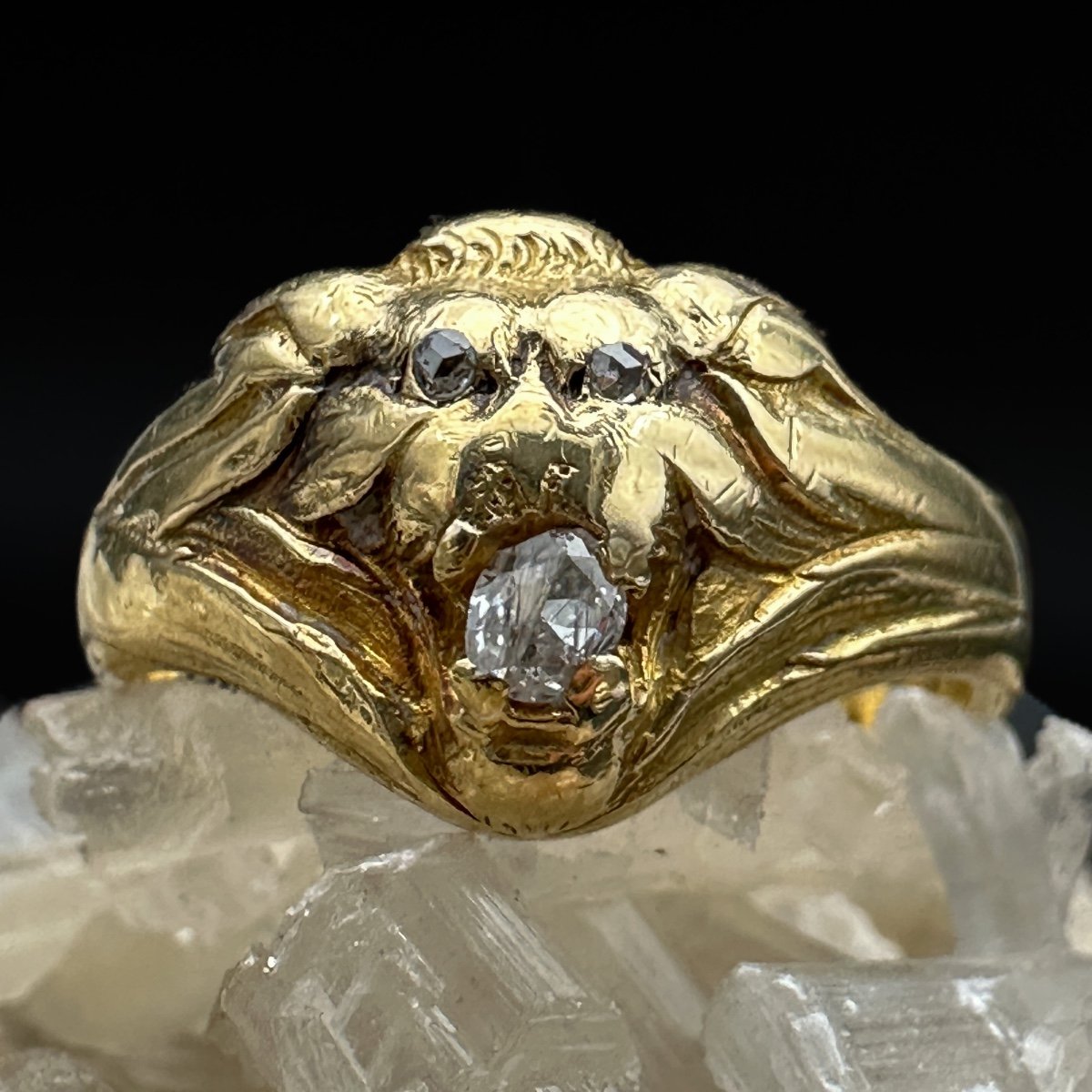 Art Nouveau Lion Head Ring In 18k Gold, Diamonds  -photo-2