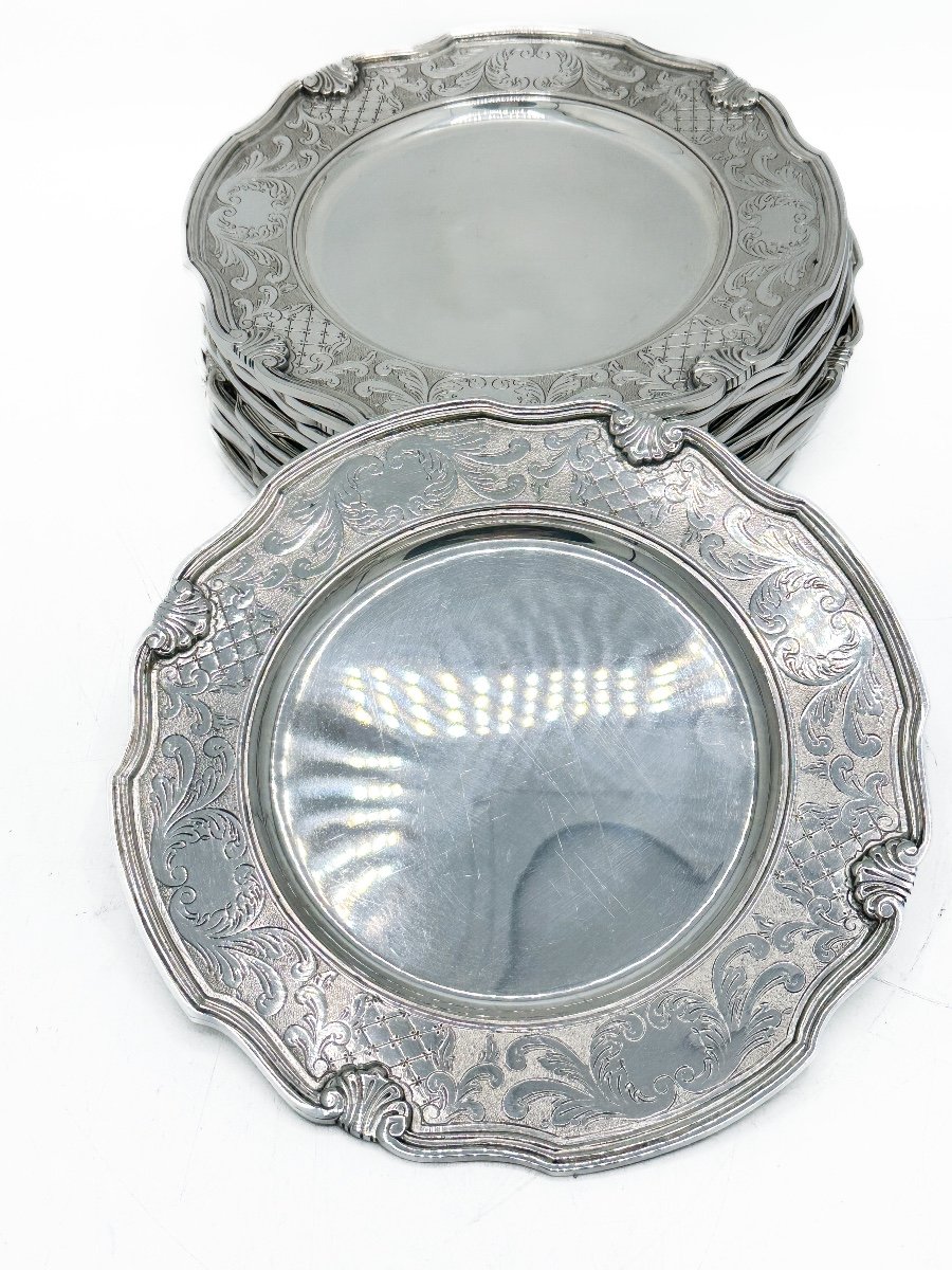 Série De 12 Assiettes à Dessert En Argent Massif – Style Régence Louis XIV – Orfèvre Altenloh, -photo-3